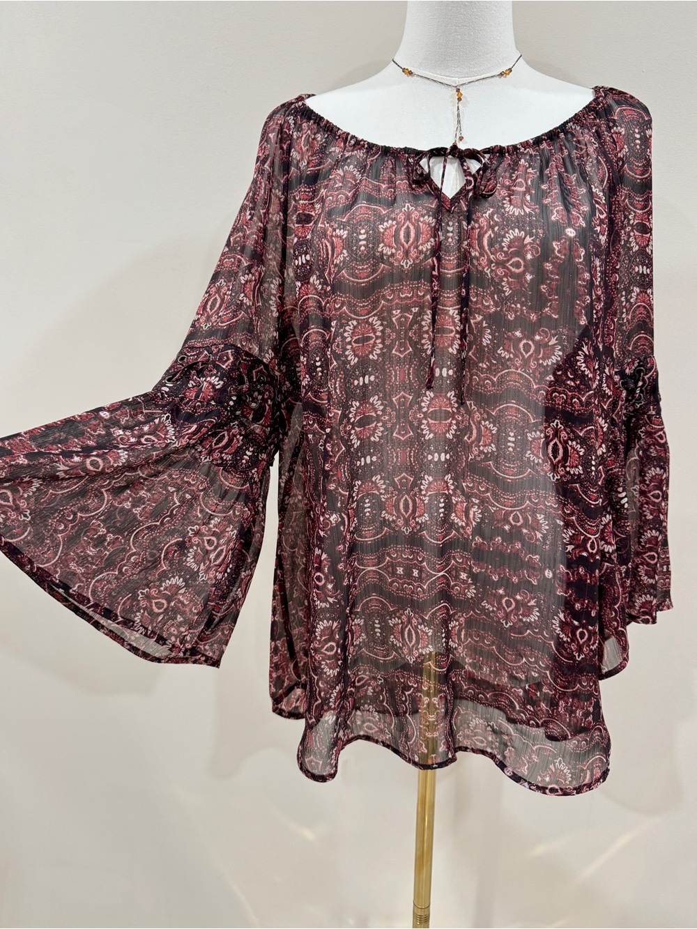 Style & Co Boho Paisley Bell Sleeve Sheer Top Flowy Lurex Blouse Size L